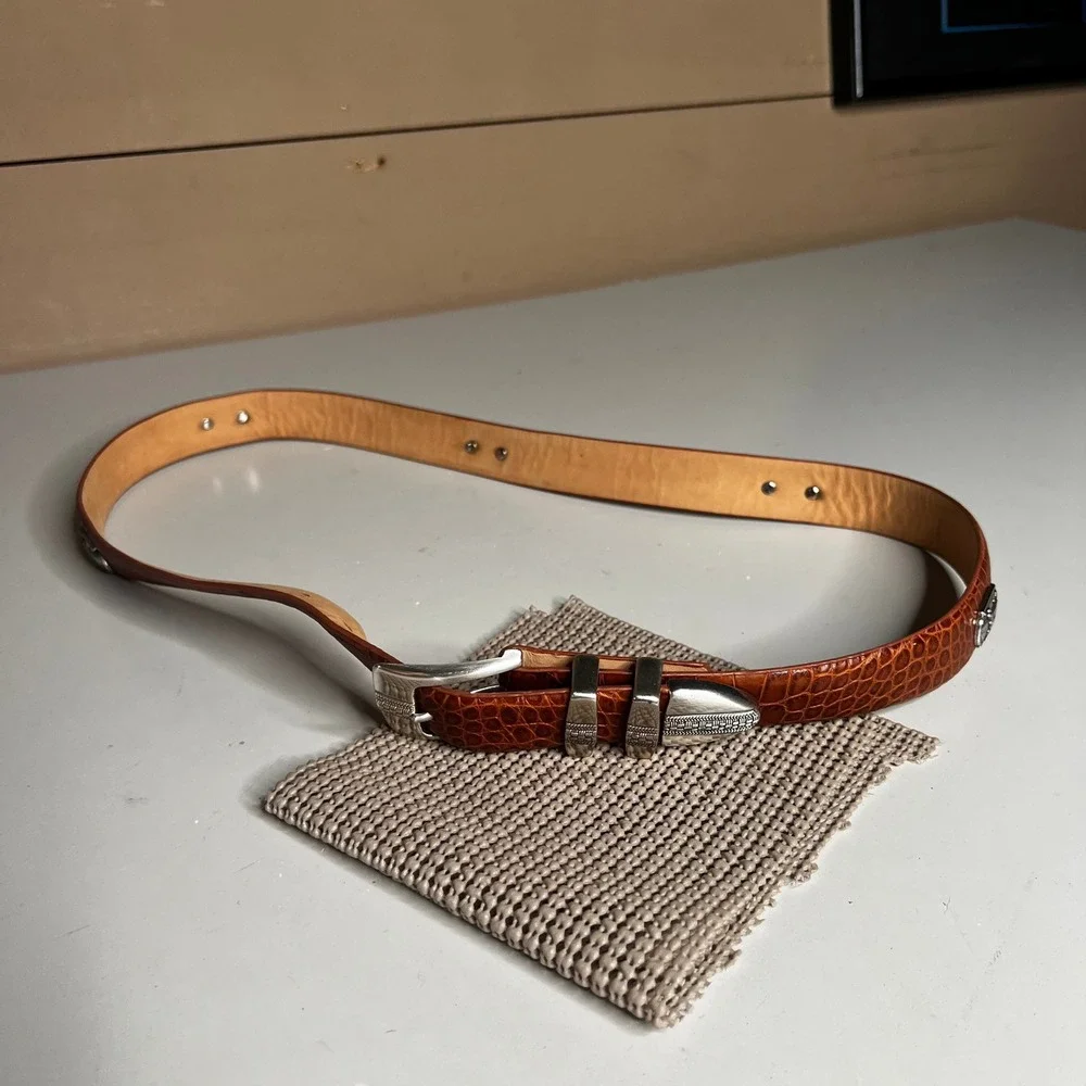 Genuine Italian Calfskin Cognac Croc Embossed Golf Concho Belt 38 Silver Buckle